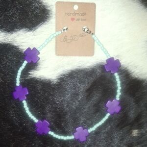 Handmade Purple Cross Synthetic Turq and Blue Seed Bead Western/Navajo Necklace.